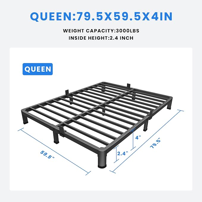 MAF 4 Inch Queen Metal Platform Bed Frame with Round Corner Legs | Mattress Slide Stopper, 3000 LBS Heavy Duty Steel Slats Support, Noise Free, No Box Spring Needed, Easy Assembly, Anti-Slip