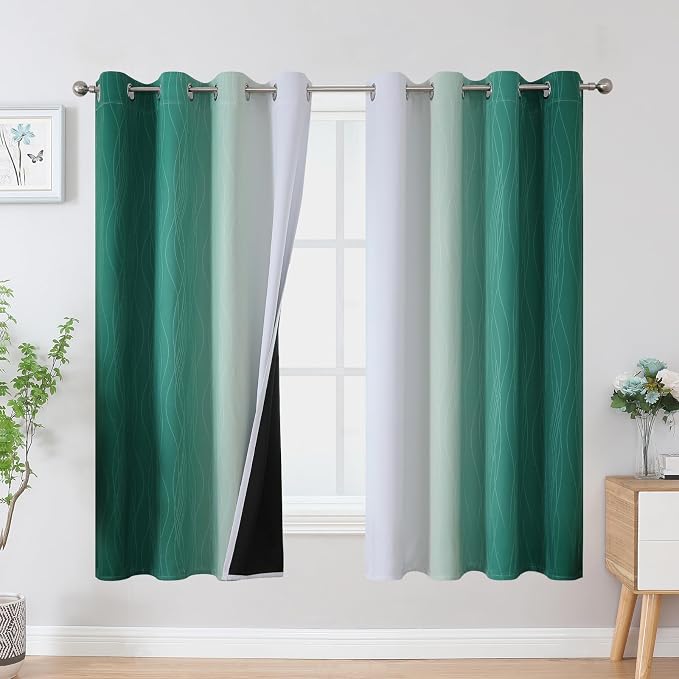 Green and Greyish White Blackout Curtains 52Wx63L 2 Panels | Ombre Curtains for Living Room 63 Inches Long,Thermal Insulated,Room Darkening,Energy Saving,Grommet Window Bedroom Drapes