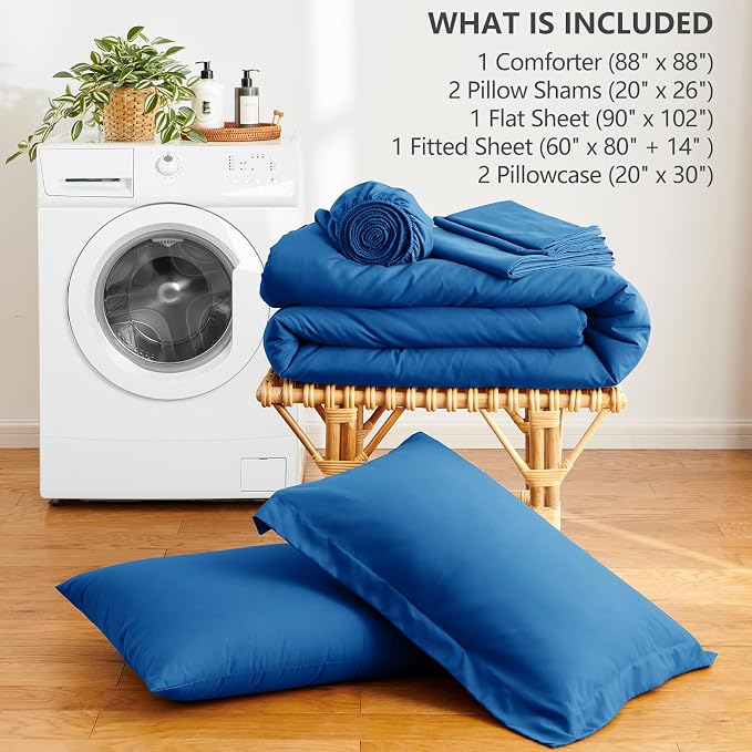 HIMEET Queen Comforter Set, 7-Piece Point-Quilted Bed in a Bag Classic Blue | OEKO-TEX Certified, Lightweight 240 GSM Comforter, Flat Sheet, 14-Inch Deep-Pocket Fitted Sheet, Pillowcases & Shams