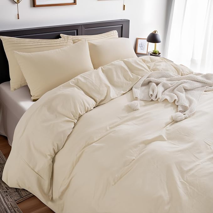 NEXHOME PRO 100% Washed Cotton Duvet Cover Super King 108"x98" Linen Look Textured Organic Natural 3 Pieces Bedding Set with Zipper Closure, Breathable (No Comforter)