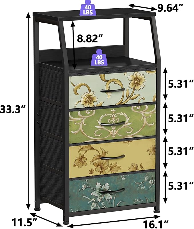 Furnulem Retro Small Dresser for Bedroom, Tall Nightstand with 4 Drawers | Vintage Dorm Fabric Bedside Table Side Furniture, Storage Organizer for Closet with Metal Frame, Wood Top, 2-Tier Shelf