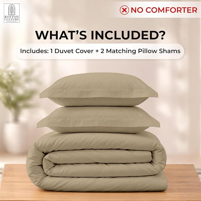 Kotton Culture 3 Pc 120" x 98" Duvet Cover Set Oversized King 100% Egyptian Cotton - 600 TC Comforter Cover, Zipper Closure & Corner Ties - Fits Large King Inserts - Taupe