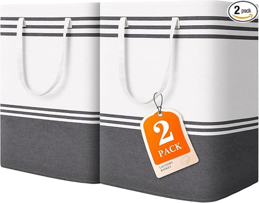 2 Pack Large Home Laundry Basket, Laundry Hamper, Freestanding Waterproof Dirty Clothes Bag, Tall Clothes Hamper - Extended & Reinforced Handles for College Dorm, Family (Light Grey/100L)