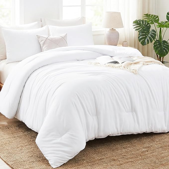 Full Comforter Set, 3 Pieces Down Alternative Bedding, White | 270 GSM All Season Comforter with 4 Corner Ties for Use as a Duvet Insert, OEKO-TEX Certified, 2 Pillowcases, 82 x 86 in
