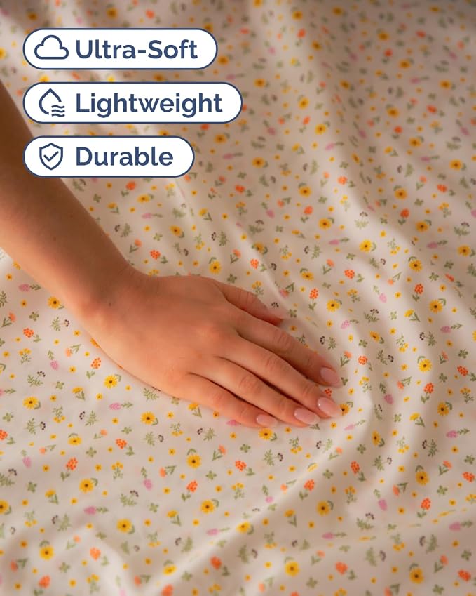 Full 4 Piece Floral Sheet Set - Soft, Breathable & Cooling - Sunshine Daisy | 1 Flat, 1 Fitted & 2 Pillowcases w/ Deep Pockets, Boho Botanical Floral Bedding, Breathable & Cooling, Wrinkle & Fade Free