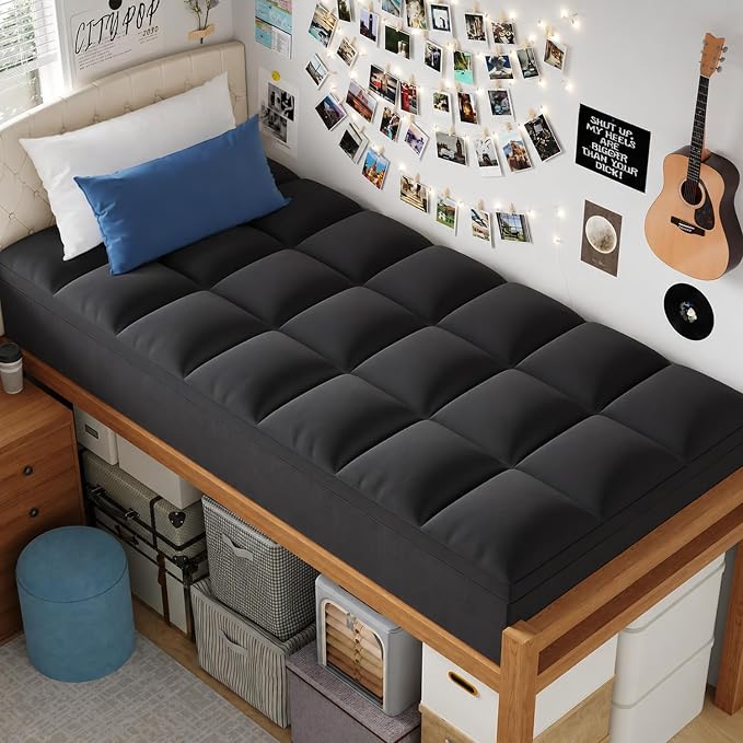 ELEMUSE Twin XL Black Mattress Topper for College Dorm, Thick Pillow Top | Extra long twin mattress pad with deep pocket, plush college dorm room essential for girls & guys, ideal for back to school