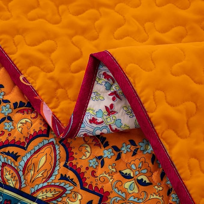 WONGS BEDDING Boho Quilt King Size,3 Pcs Bedspread Set, Orange and Blue | Colorful Bohemian Striped Printed Bedding for All Season, Lightweight Microfiber Coverlet Set with 2 Pillowcases(104"x90")