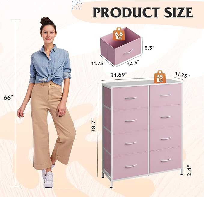 WLIVE 8 Drawer Fabric Dresser for Bedroom, Tall Storage Tower, Pink | Pink 8-drawer tall storage tower with fabric bins and wood tabletop, breathable non-woven, perfect for bedroom closet dorm