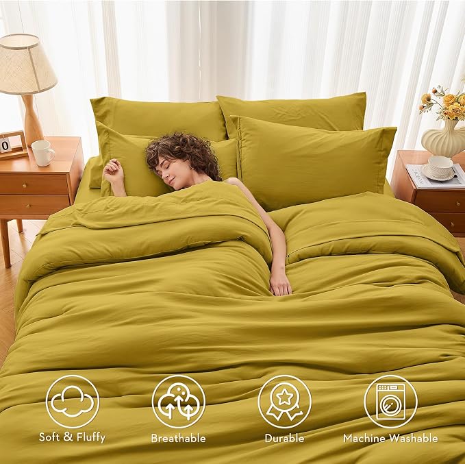 7 Pieces Queen Comforter Set, Soft Bed in a Bag Queen Size, All Season Bedding Set with Comforter, Flat Sheet, Fitted Sheet, Pillowcases & Shams, Mustard Yellow