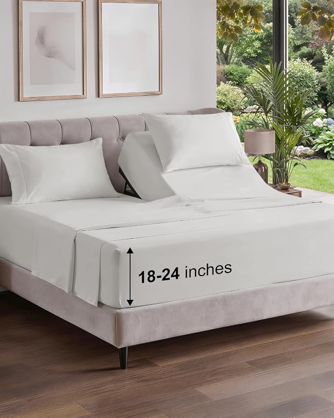 Flex Top Split Head King Sheet Set - 4 Piece Extra Deep - French Grey | Easily Fits 18 to 24 inch Mattress, Ultra Soft, Wrinkle & Fade Free with Extra Deep Pockets, Comfy Hotel Luxury Bedding