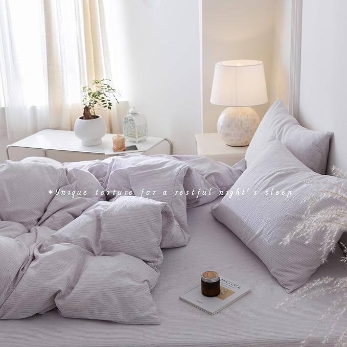 BDEAR 3Pcs Light Purple Pinstriped Duvet Cover Set King Size 104''Wx90''L | Light Weight Design, 1 Duvet Cover with 2 Pillowcases, Zipper Closure, OEKO TEX Standard,8 Corner Ties, Skin Friendly