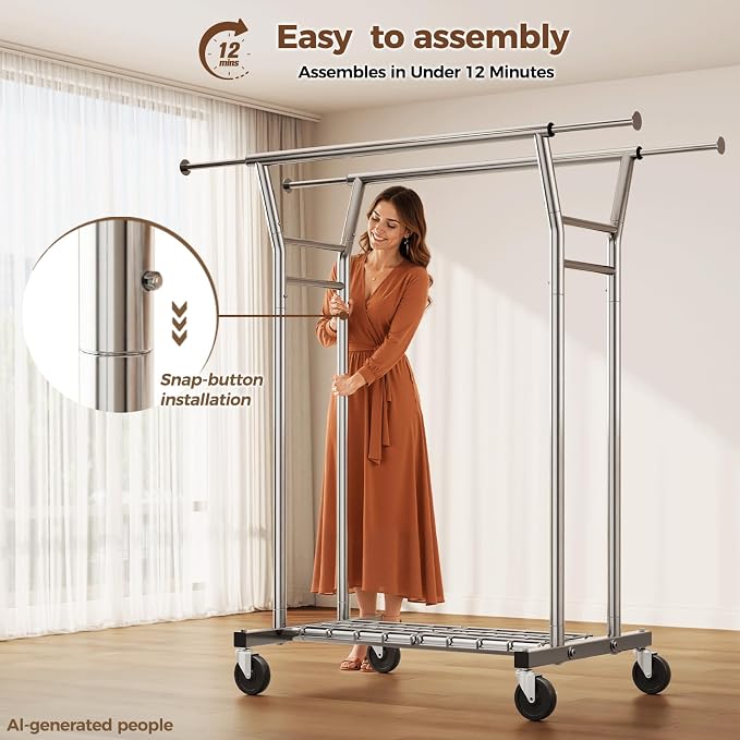 HYSEYY Heavy Duty Clothes Rack, Rolling Clothing Rack for Hanging Clothes with Shelves Load 700LBS,Portable Garment Wardrobe Closet Rack with Wheels for Bedroom,Laundry Room,Retail Store,Silver