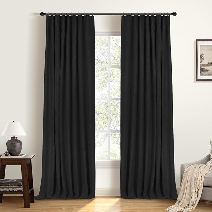 INOVADAY 100% Blackout Curtains for Bedroom Black Out Curtains 96 Inch Long | Black Curtains for Living Room 2 Panels, Clip Rings Linen Look Blackout Drapes, Thermal Insulated Room Darkening,W50xL96