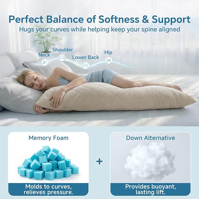 BEDELITE Cooling Body Pillow, Memory Foam Filled, Linen, 20x54 Inches | Soft & Cool-Touch Quilted Nylon-Spandex Cover, Adjustable Fill, Perfect for Side Sleepers, Hot Sleepers, Pregnancy, Back Pain