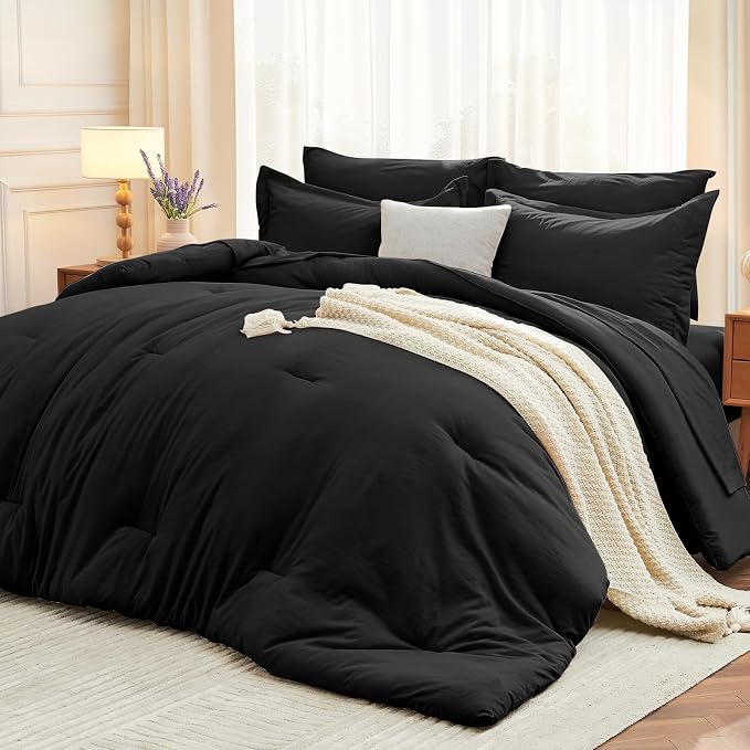 7 Pieces Queen Comforter Set, Soft Bed in a Bag Queen Size, All Season Bedding Set with Comforter, Flat Sheet, Fitted Sheet, Pillowcases & Shams, Black