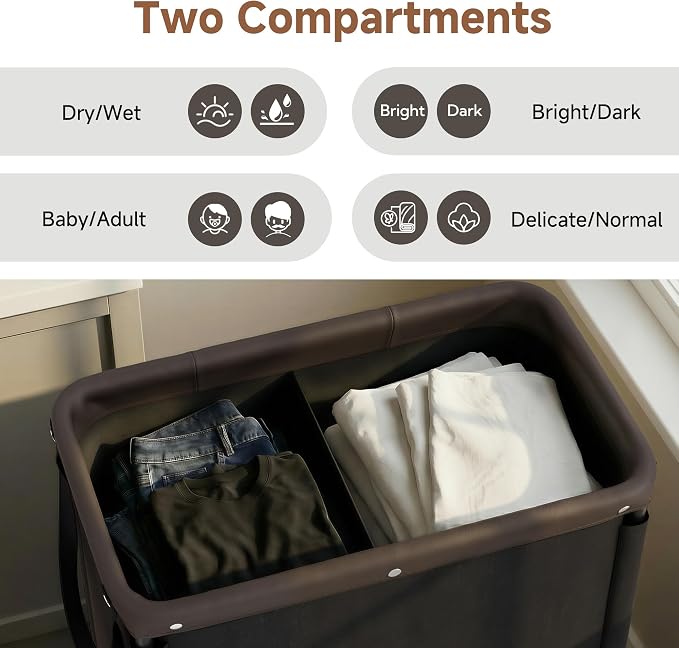 StorageWorks 2 Section Laundry Hamper, 100L Black Sorter Cart with Wheels | 2 Section Laundry Hamper with Wheels, Black Sorter Cart for Bedroom, Bathroom, Apartment