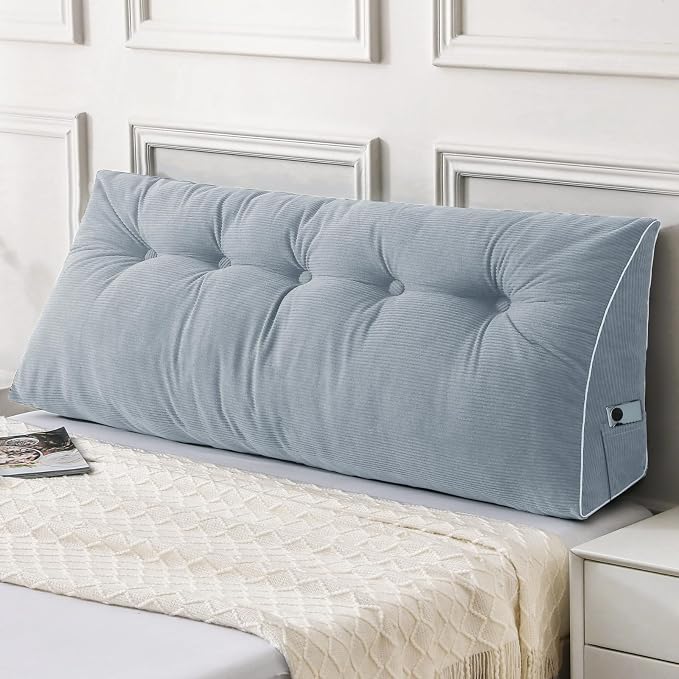 Sasttie Headboard Pillow Full, Wedge Pillow Headboard, Greyish Blue | Triangle Backrest Cushion for Sitting or Reading in Bed, Dorm Essentials, OEKO-TEX, Down Alternative Fill, Side Pockets