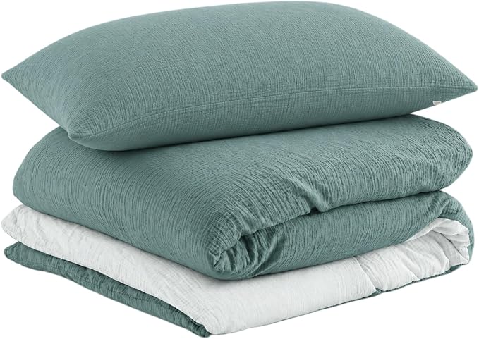 EMME Cotton Muslin Duvet Cover Set Twin Size Linen Like Soft Breathable Lightweight Summer Comforter Cover Set with Zipper Closure (Teal&White, Twin, 68"x90")