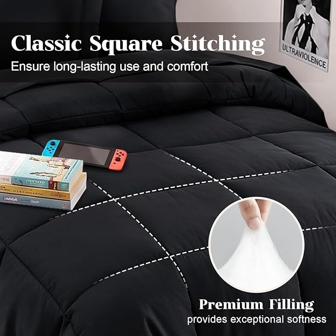 JOLLYVOGUE Twin Comforter Set, Ultra-Soft Bed in a Bag Twin Size 5 Pieces, Oeko-TEX Certified Bedding Set with Down Alternative Comforter, Sheets, Pillowcases & Shams, Black