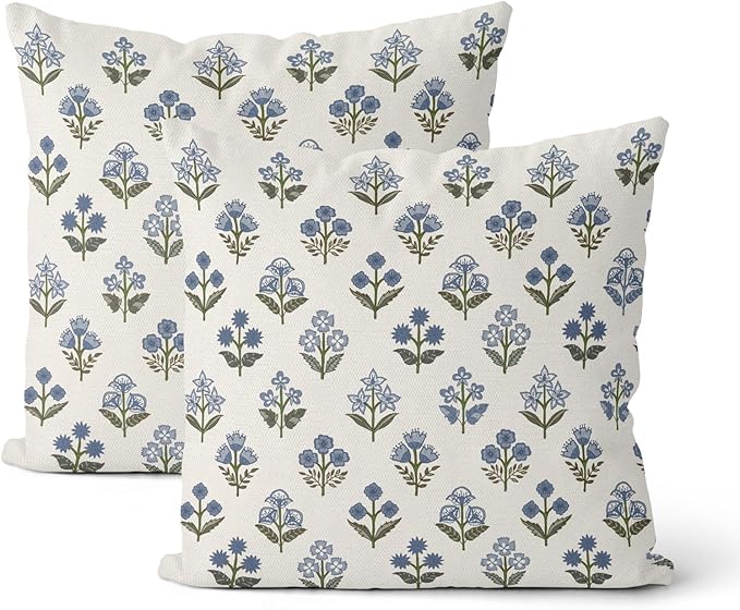 Blue Green Pillow Covers 20x20 Inch 2 Pcs Block Print Vintage Floral Decor Throw Pillows Boho Flower Spring Summer Outdoor Seasonal Decoration Pillowcase Linen Cushion Cover for Couch Sofa