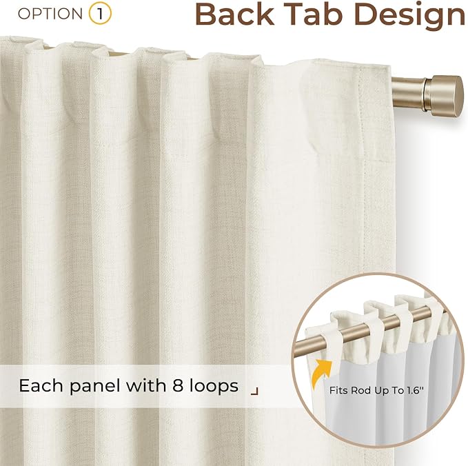 INOVADAY 100% Blackout Linen Curtains for Bedroom 50x90 Inches Beige White | Linen Textured, Light Blocking, Room Darkening, Thermal Insulated, Back Tab Top, Window Curtains for Living Room, 2 Panels