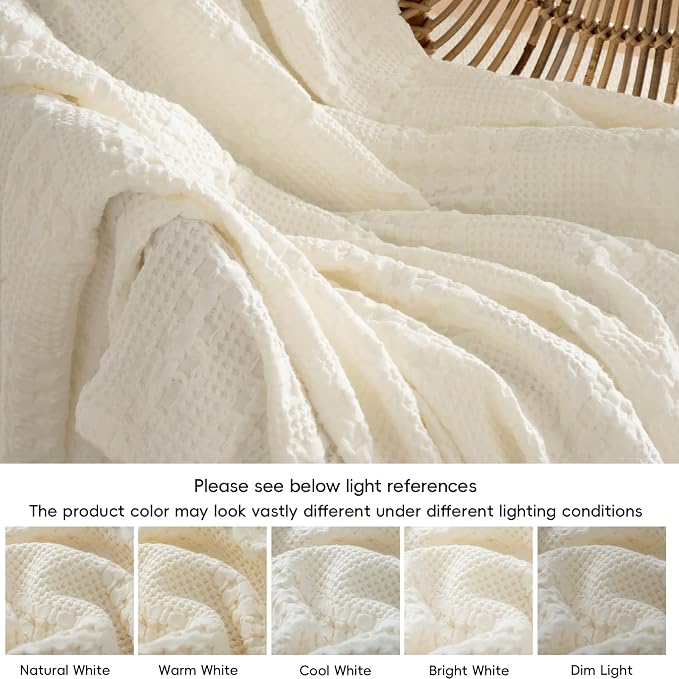 PHF Lightweight 100% Cotton Waffle Throw Blanket for Couch, Ivory | Pre-Washed Soft Cotton Comfort, Breathable Layering Warmth for Fall & Winter, Office, Travel, Sofa, Home Decor & Gifts
