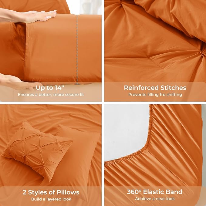 Sasttie Full Size Comforter Set, 7-Piece Bed in a Bag Double, Pintuck Bedding Set for All Season, Includes Comforter, Flat Sheet, Fitted Sheet, Pillowcases and Pillowshams, Coral Orange