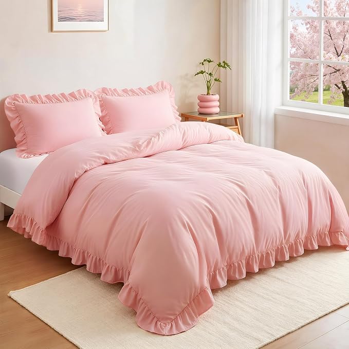FUANNA Pink Duvet Cover Queen Size 3 Pieces, Washed Microfiber | Ultra Soft 4-Inch Ruffle Duvet Cover Set with Corner Ties & 2 Pillow Shams, Vintage Bed Set for Women & Girls, No Comforter