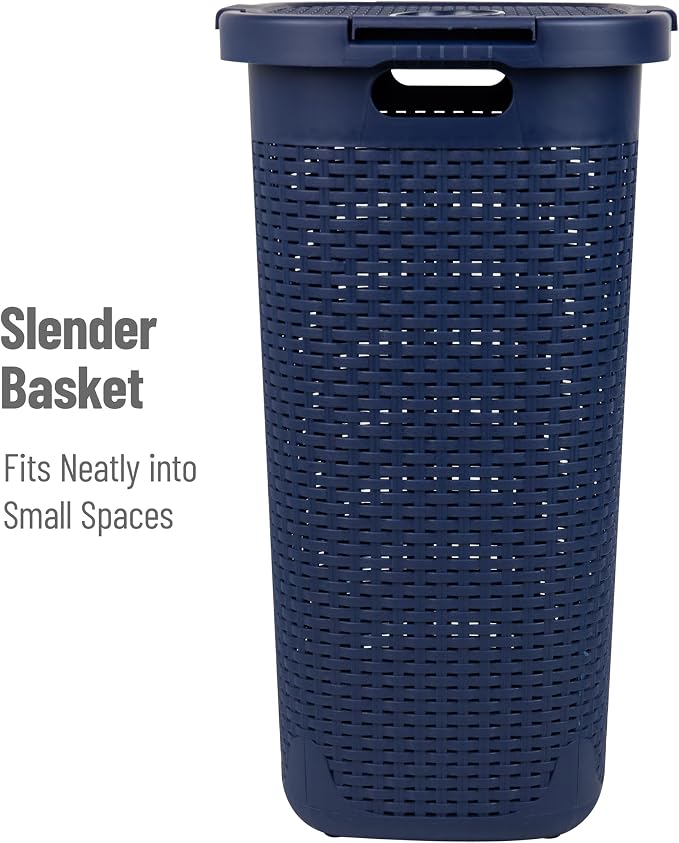 Mind Reader Slim Laundry Hamper with Lid, 60L Tall Clothes Basket, Narrow Tapered Design for Bathrooms, Closets and Laundry Rooms, Plastic, Navy