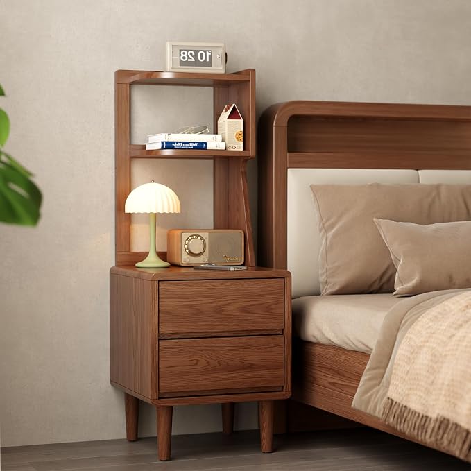 Solid Wood Bookshelf Nightstand Combo, Tall Nightstand with Bookshelf | Walnut Nightstand Bookshelf,Solid Wood Nightstand with Drawers,Open Shelf Bookcase,for Bedroom,Living Room,Offices