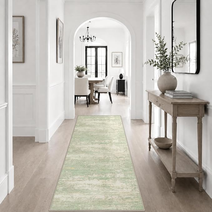 2x6 Washable Runner Rug：Modern Abstract Soft Carpet Green Cream | For Hallway, Bedroom, Kitchen, Laundry, Bathroom,Door Mat,Modern Abstract,Machine washable,Non-Slip,Stain Resistant,Indoor