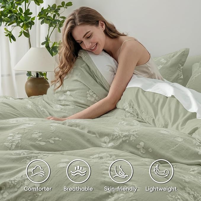 PHF Stone-Washed 100% Cotton Duvet Cover Queen Size, 90"x90", Dusty Sage | Elegant Floral Jacquard Woven, Ultra Soft Breathable All Season Bedding Set for Adults, 3pcs with 2 Pillow Shams, No Filling