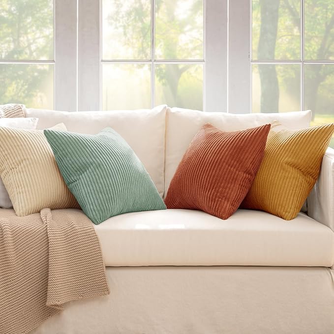 MIULEE Soft Corduroy Decorative Throw Pillow Covers Teal-Rust 20x20 | Set of 4, Mordern Rustic Home Decor, Retro Vintage Set, Boho Farmhouse Cushion Covers for Couch Bed Sofa Living Room