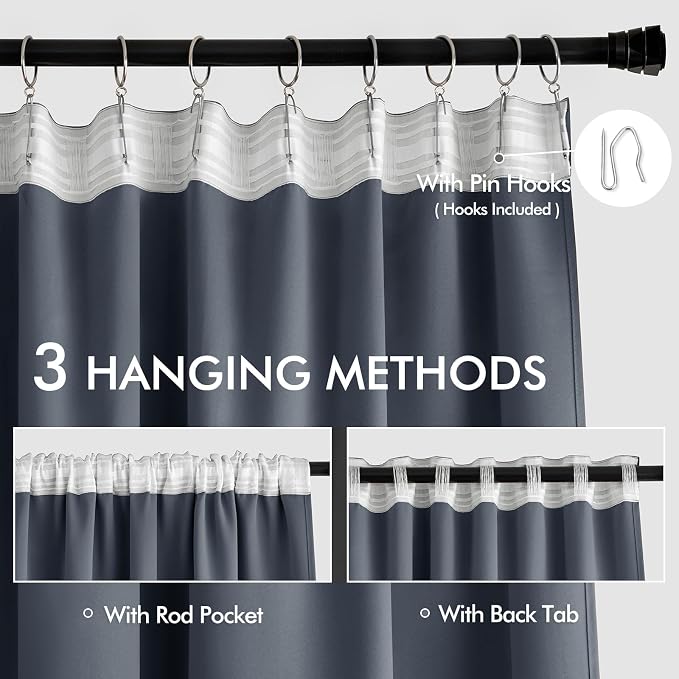 MIULEE Stone Blue Back Tab Blackout Curtains 52x108 Inch Long 2 Panels Set | Rod Pocket Pinch Pleated, Thermal Insulated, Bedroom Living Room Darkening Privacy Drapes, Extra Long Light Blocking Curtains