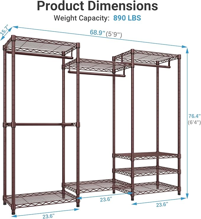VIPEK V5 Heavy Duty Clothes Rack, Modular Closet System, Bronze | 890 lbs Load, 4 x 23.6 in hanging rods, 8 x shelves (2 adjustable), Supports expansion with accessories