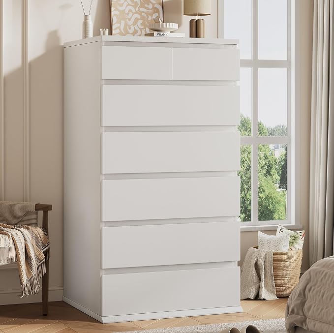 White Tall 7 Drawer Dresser for Bedroom, Modern Wood Closet Dressers & Chests of Drawers with Jewelry Storage, 23.6" L*15.8" W*47.5" H in Large Vertical Dresser for Bedroom, Living Room, Nursery