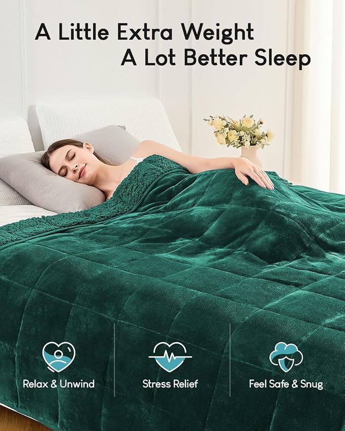 Cottonblue Sherpa Fleece Weighted Blanket 15 lbs for Adults Twin Size Soft | Cozy Soft Sherpa Flannel Green Weighted Blankets Throw for Sleep Calm Relax, Warm Fuzzy Fur Heavy Blanket for Bed Couch Sofa