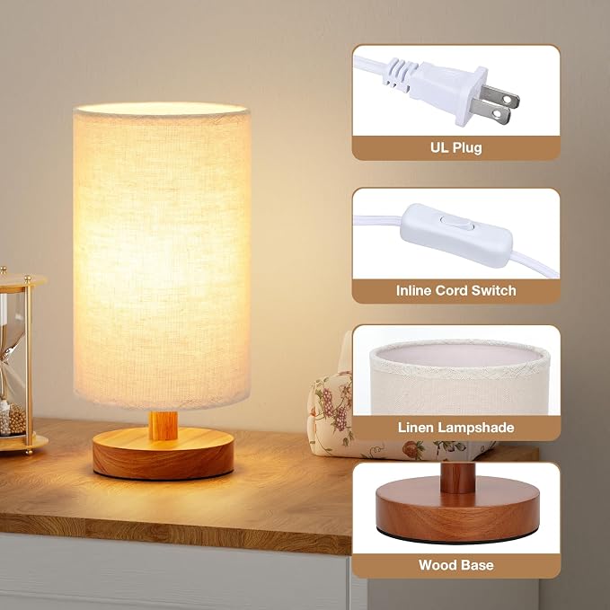 Small Table Lamps (Beige Shade - Walnut Base, 9" Inline Control) | 3000K LED Blub Included | 680 Lumens | Easy Assembly | Minimalist Design | E26 | for Kitchen | for Kids Room