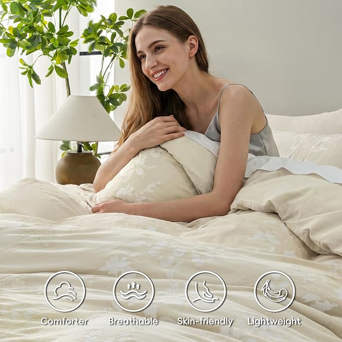PHF Stone-Washed 100% Cotton Duvet Cover Set Queen Size, 90"x90", Oak | Elegant Floral Jacquard Woven, Ultra Soft Breathable All Season Bedding Set for Adults, 3pcs with 2 Pillow Shams, No Filling
