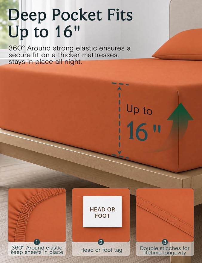 LuxClub California King Sheets Sets, Deep Pocket Cal King Sheet Bed Sheets 4PC, Cooling Sheet Cal King Size Breathable, Soft Hotel Luxury Bedding, Silky Fitted Sheet & Pillowcase Sets, Autumn Orange | LuxClub Silky Fitted Sheet & Pillowcase Sets, Breat...