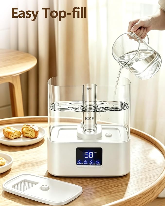 KZF 4L Top Fill Humidifiers for Bedroom & 40H Runtime - Cool Mist Humidifier, 3 Mist Levels, 8H Timer, Essential Oil Tray, Humidity Display, Quiet for Baby, Plants, Large Room (White, 4L)