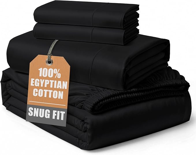 LANE LINEN Cali King Sheets Set 100% Egyptian Cotton Sateen - Black | Deep Pocket California King Sheet Set - 4-Piece Set, Long-Staple Egyptian Cotton, For A Cool, Restful Sleep, Plush