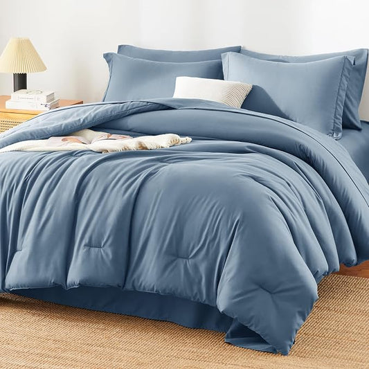 HIMEET King Comforter Set, 7-Piece Point-Quilted Bed in a Bag, Grayish Blue | OEKO-TEX Certified, Lightweight 240 GSM Comforter, Flat Sheet, 14-Inch Deep-Pocket Fitted Sheet, Pillowcases & Shams