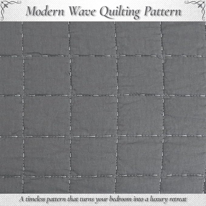 Cozy Line Home Fashions 100% Cotton Quilt Set – 3-Piece Charcoal Gray Solid Classic Modern Geometric Quilted Bedspread with Shams, Lightweight All Season Modern Bedding (Box Gray, Queen)