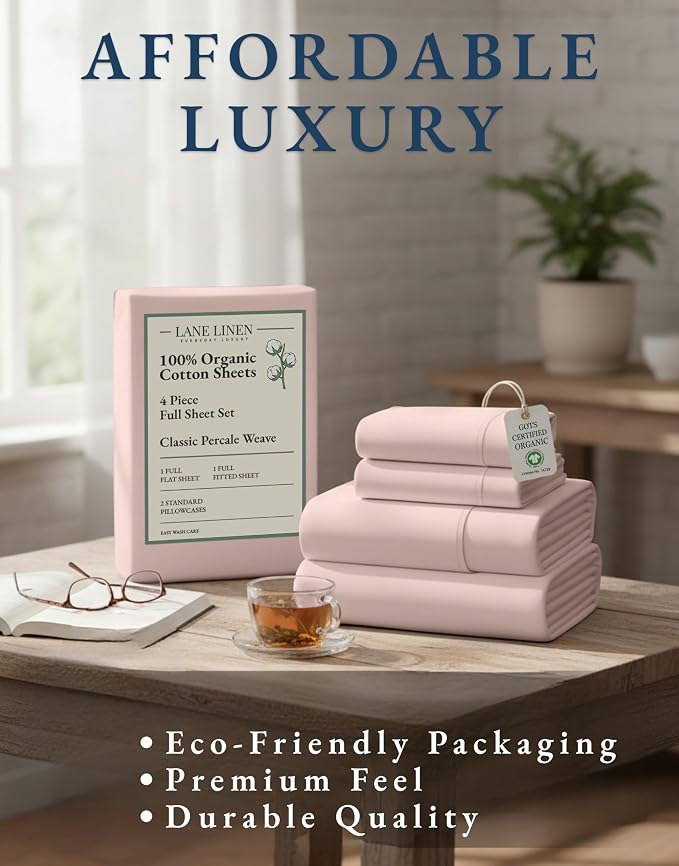 LANE LINEN Full Size Sheet Set 100% Organic Cotton Percale 4pc - Sepia Rose | Full Sheet Set, GOTS Certified Organic Cotton Percale - For Guest Bedrooms, Naturally Cooling & Lightweight, For Hot Sleepers