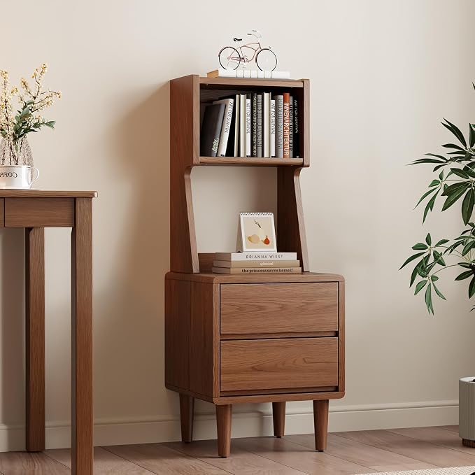 Solid Wood Bookshelf Nightstand Combo, Tall Nightstand with Bookshelf | Walnut Nightstand Bookshelf,Solid Wood Nightstand with Drawers,Open Shelf Bookcase,for Bedroom,Living Room,Offices