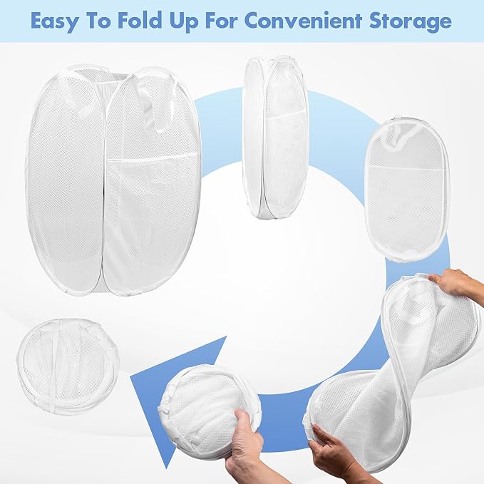 2 Pack Pop Up Laundry Hampers, 70 L Collapsible Foldable Mesh Basket, White | Reinforced handles, breathable fabric, foldable, portable for dorm college travel camping cruise, dirty clothes, toys storage