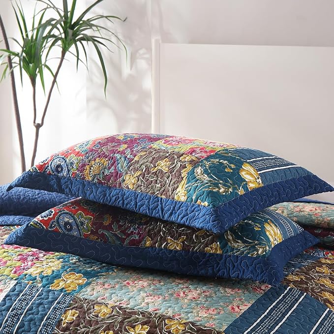VISIMISI Cotton Bedspread Quilt Sets Reversible Bedding Coverlet Sets 3 Pieces Patchwork Blue Vintage Floral Paisley Bedspread, Queen Size