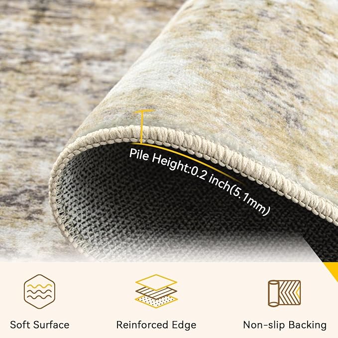 RELEANY Washable Round 4ft Area Rug for Living Room Neutral Brown | Carpet for Bedroom, Kitchen, Office, Hallway and Entryway, Printed Pattern, Non‑Slip, Soft, Stain‑Resistant, Easy to Clean
