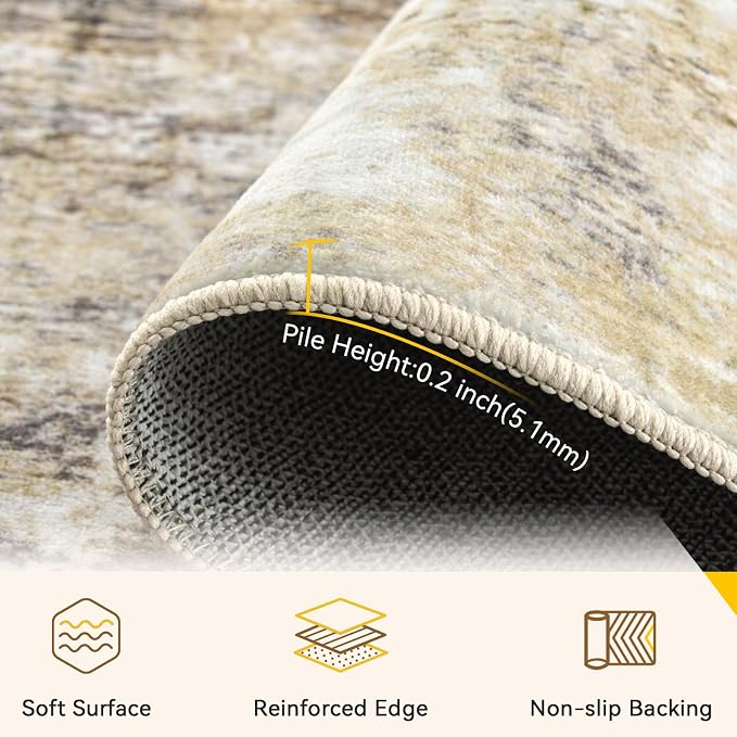 RELEANY Washable Runner 2'x10' Abstract Area Rug for Hallway Neutral Brown | Carpet for Kitchen, Entryway, Bathroom, Living Room, Bedroom, Printed Pattern, Non‑Slip, Soft, Stain‑Resistant, Easy to Clean